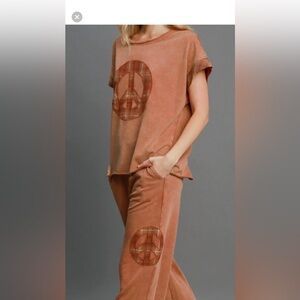 Women's Washed French Terry Peace Top and Wide Leg Pants Set NWOT